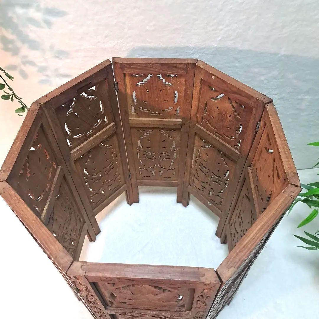 手彫り 木製 サイドテーブル 花台 八角形