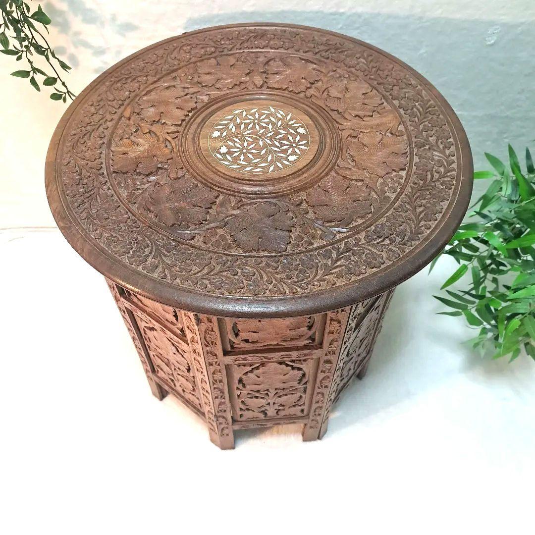 手彫り 木製 サイドテーブル 花台 八角形