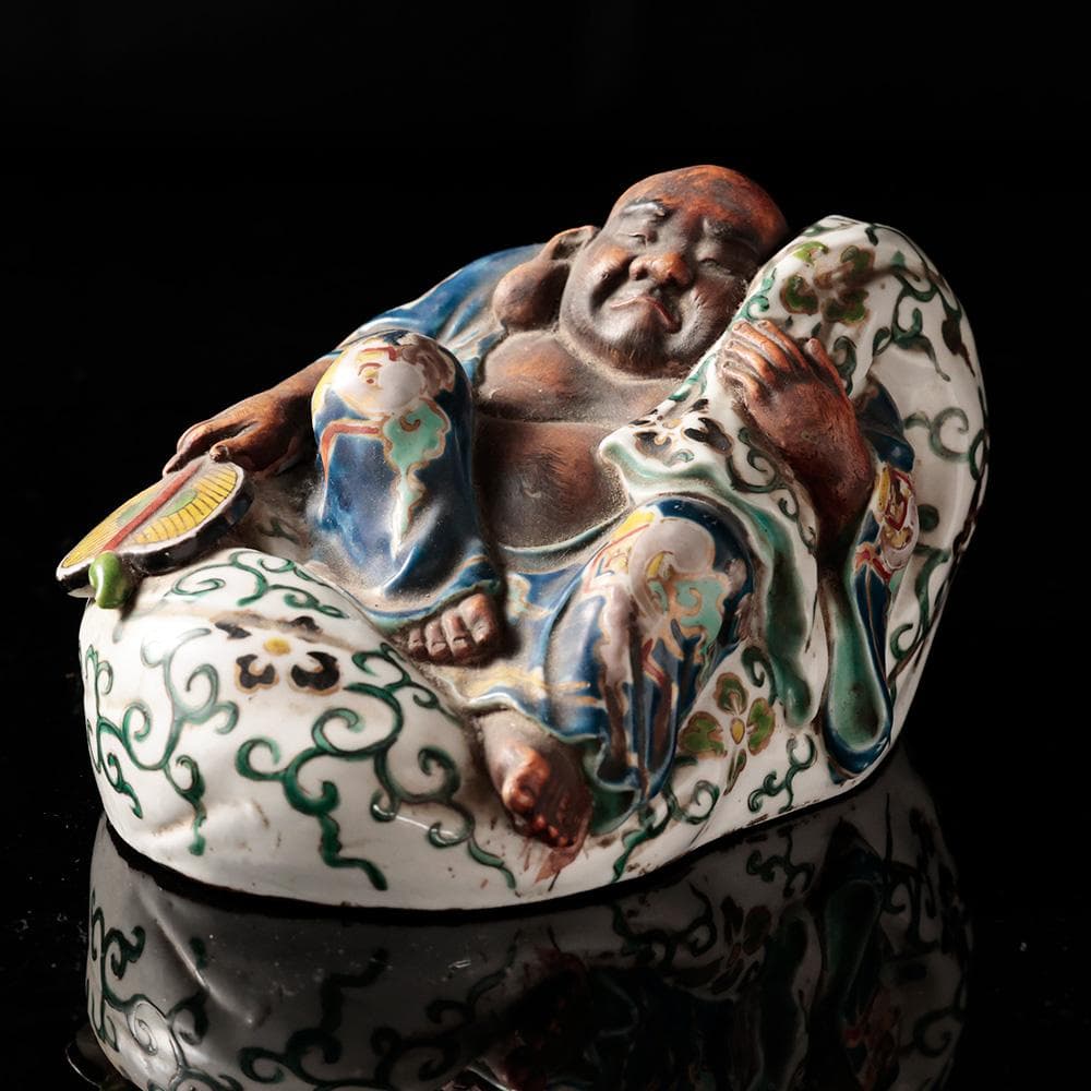 T 九谷焼き　布袋像　唐草模様　青手九谷　布袋　仏像　東洋彫刻　時代年代物