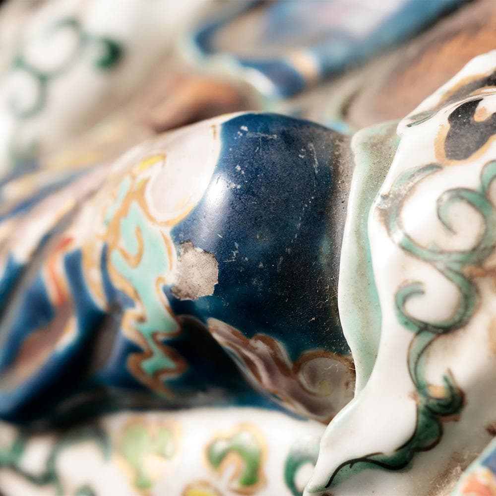 T 九谷焼き　布袋像　唐草模様　青手九谷　布袋　仏像　東洋彫刻　時代年代物