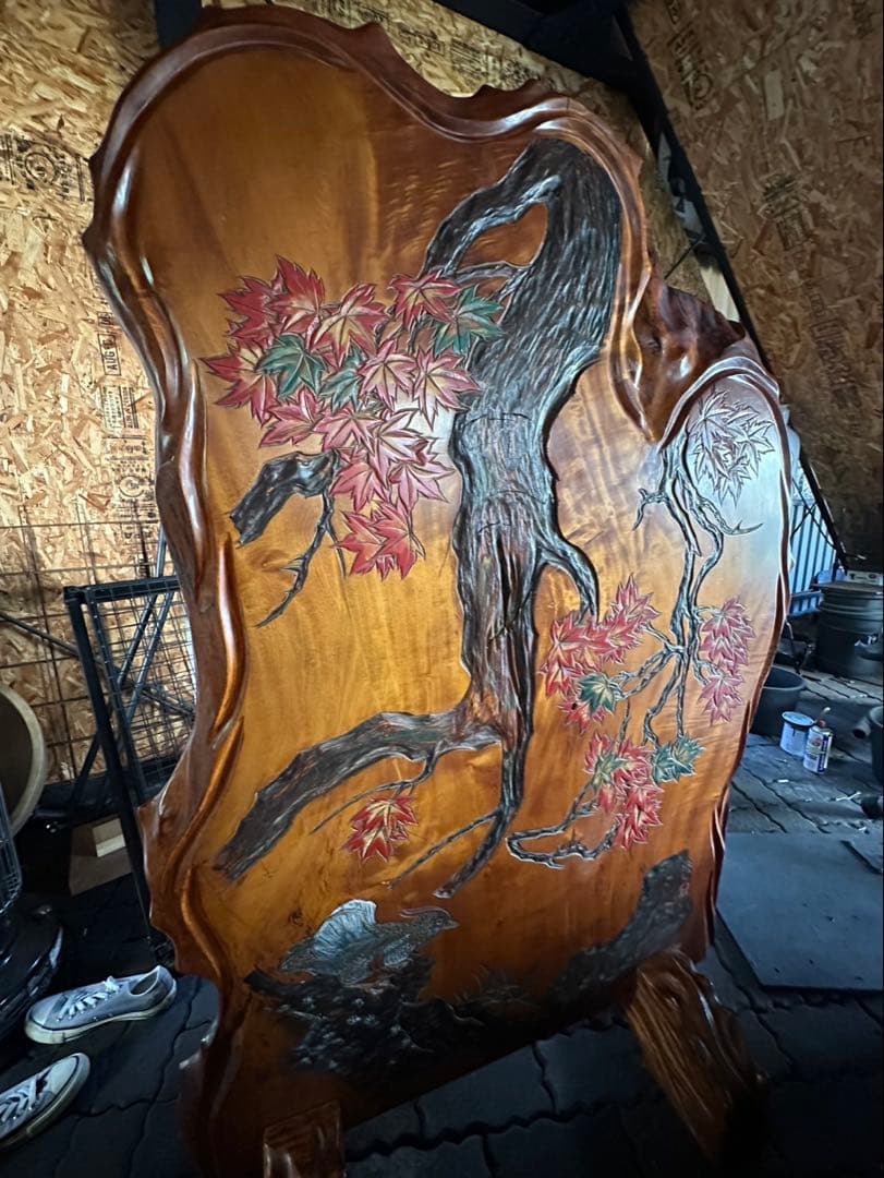 一枚板　衝立　木製彫刻　紅葉 梅の花