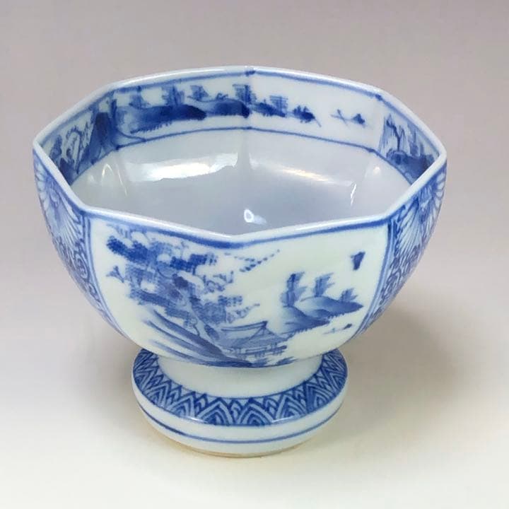 九谷焼染付け間取山水花唐草文八角高足盃洗杯洗