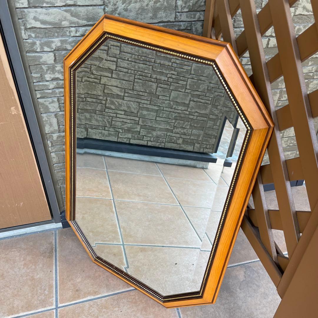 アンティーク調 イタリア製 8角 壁掛けミラー 鏡 木製額縁 ウォールミラー