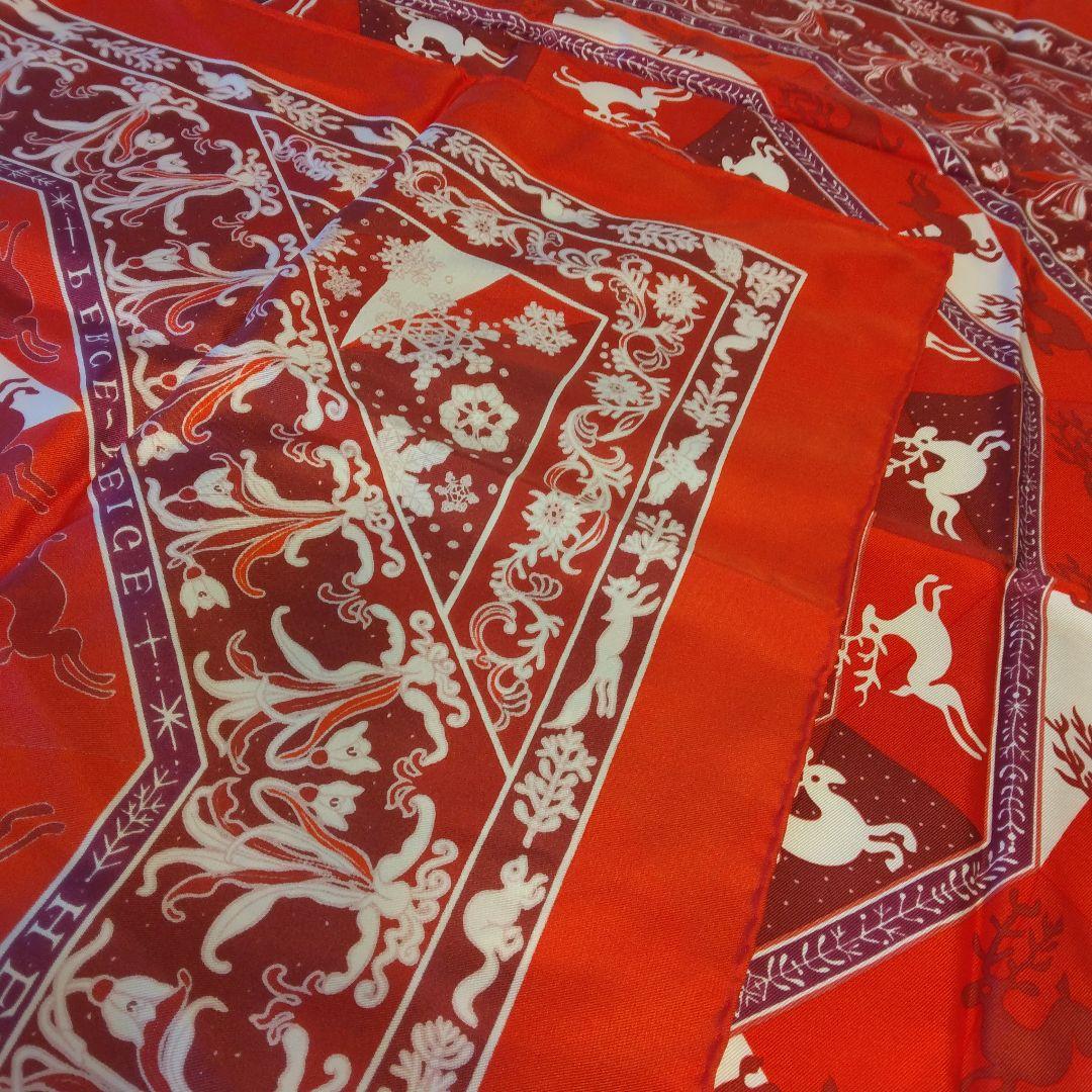HERMES エルメス　トナカイ　クリスマス　シルクの光沢　スカーフ　赤