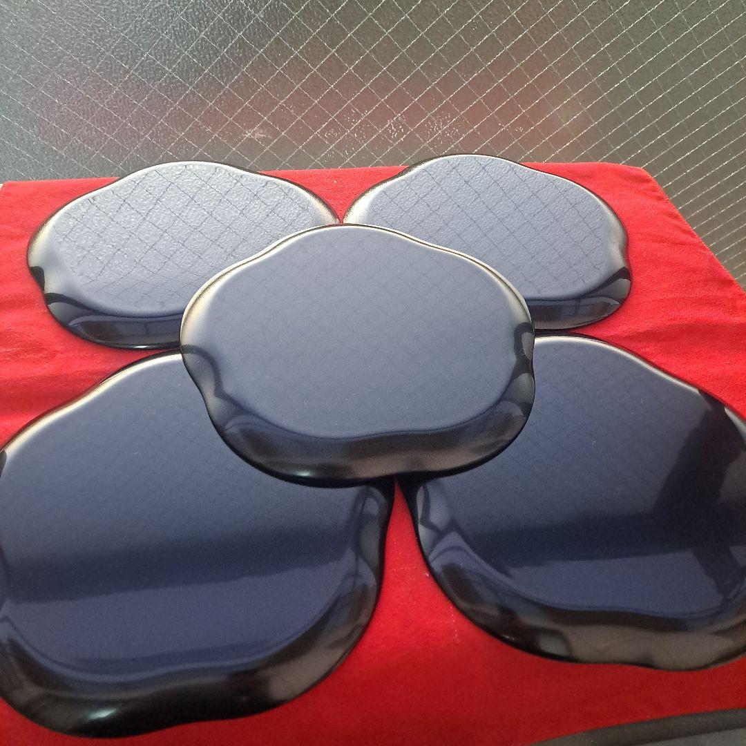 【輪島塗　7寸\"金彩\"梅型\"大皿×5客】布着本堅地　光琳堂　未使用品