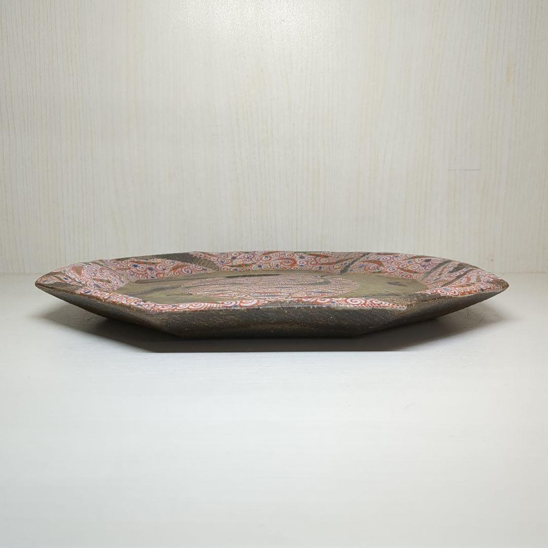 人気陶芸作家　苧坂恒治作　金彩　渦赤絵　手描き　八寸　八角皿