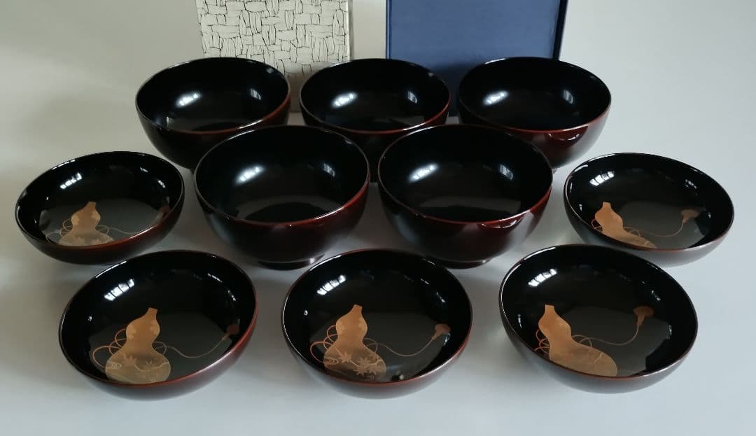 輪島塗　ひょうたん蒔絵　煮物椀　5客セット　溜塗