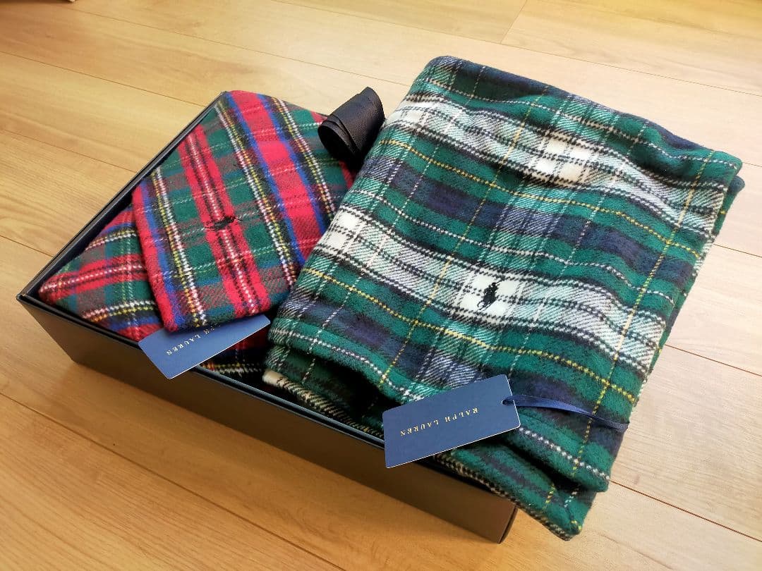 新品ラルフローレンRalph Laurenハーフコットンブランケット２枚ひざ掛け