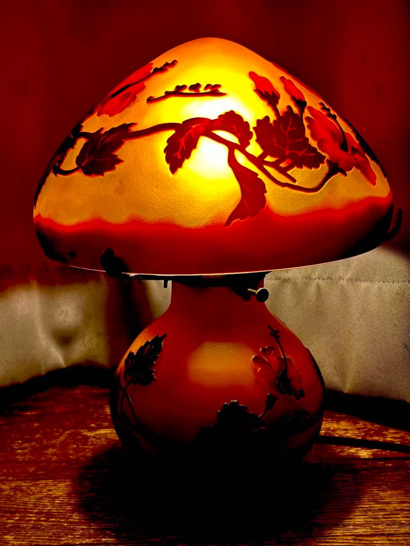 【美品】アール・ヌーヴォーガレ風キノコ型ハイビスカス柄テーブルランプ