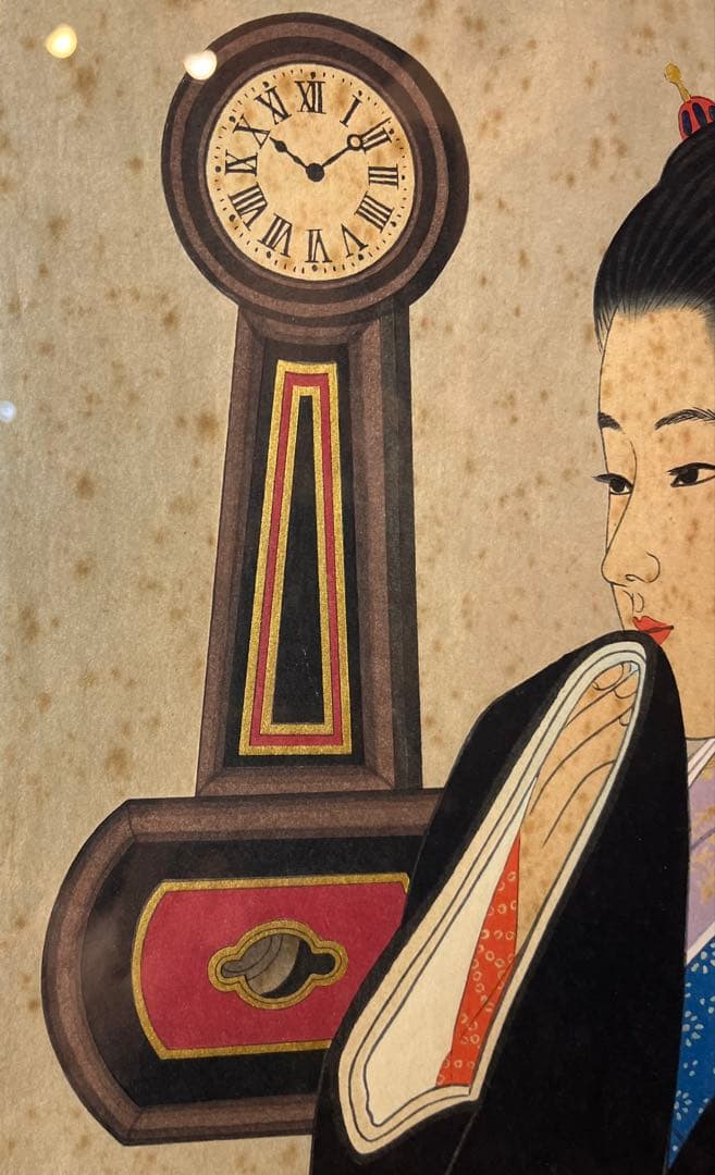 堀田時計店　伊東深水　柱時計　古時計　版画　ゼンマイ　ボンボン　レトロ　美人画