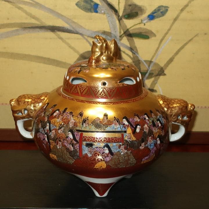 【故物骨董】豪華絢爛　九谷焼　大香炉　本金百人一首　岳陽作