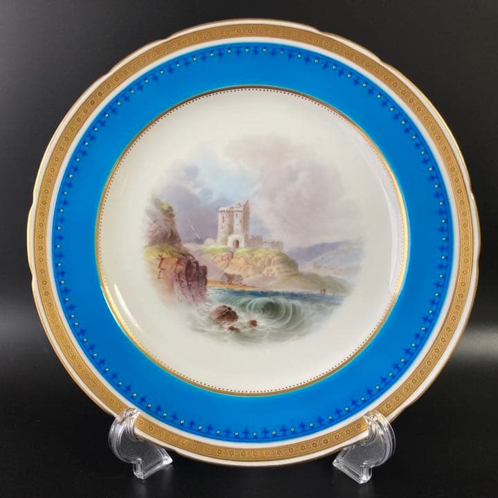 ミントン　ターコイズブルー　古城風景絵図飾皿　エナメル七宝金彩 プレート 大皿