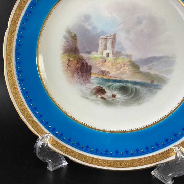 ミントン　ターコイズブルー　古城風景絵図飾皿　エナメル七宝金彩 プレート 大皿