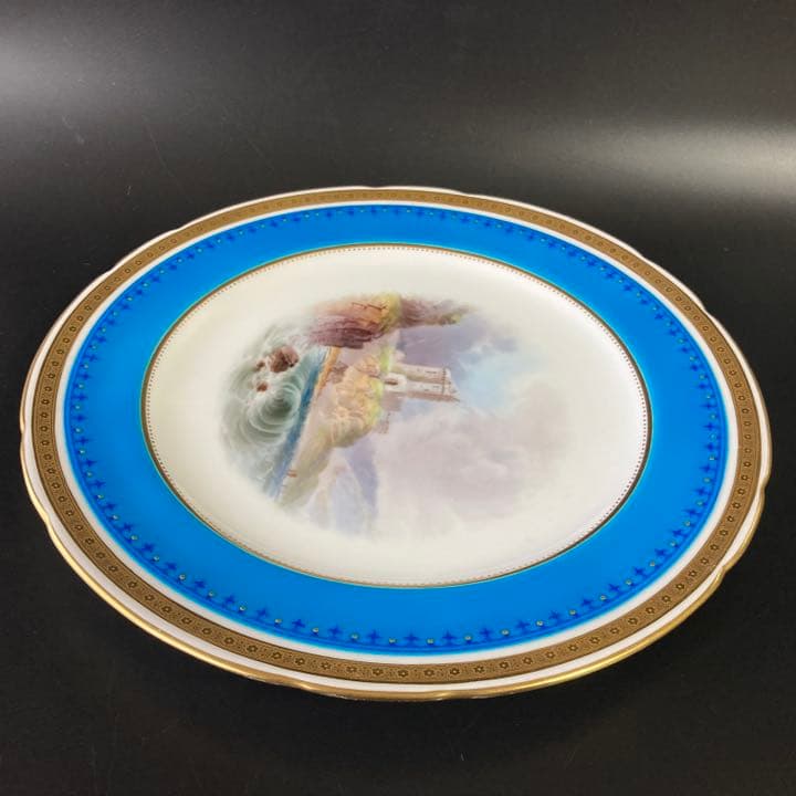 ミントン　ターコイズブルー　古城風景絵図飾皿　エナメル七宝金彩 プレート 大皿
