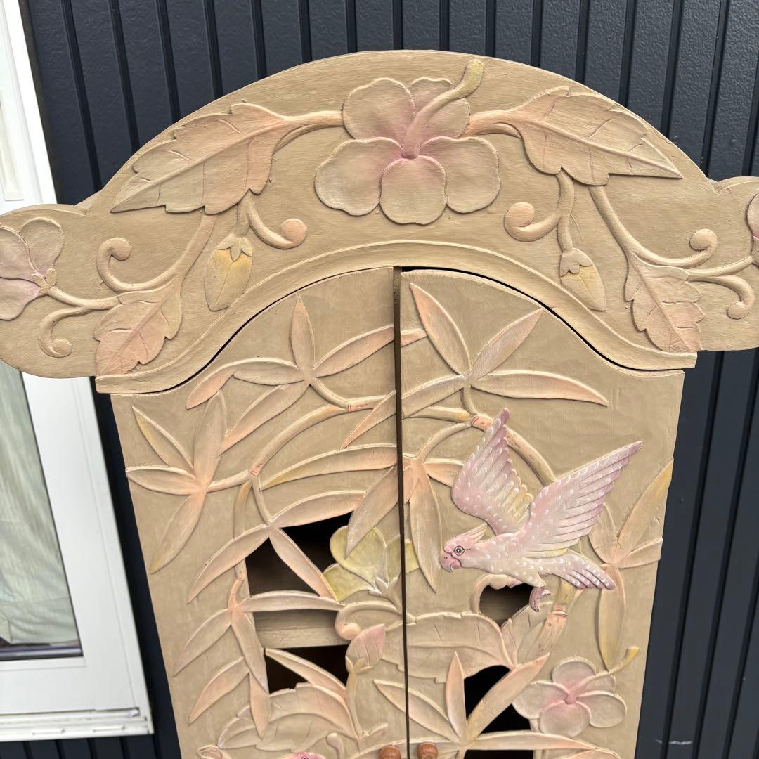 ヴィンテージ 彫刻キャビネット 木製収納棚 鳥 花 草木モチーフ アジアン調