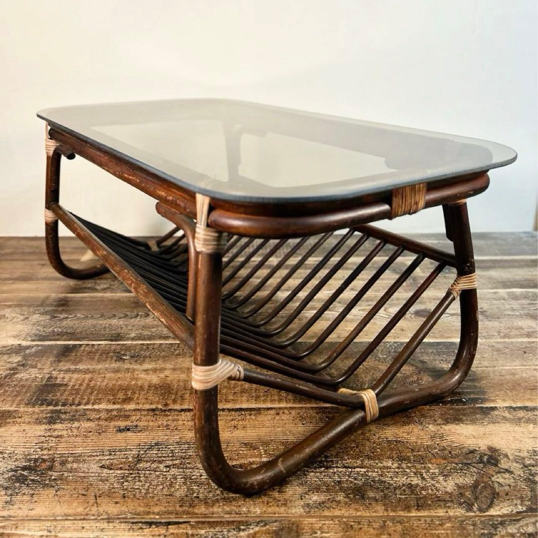 アンティーク ラタン ローテーブル 籐 ガラス天板 ヴィンテージ 小ぶり
