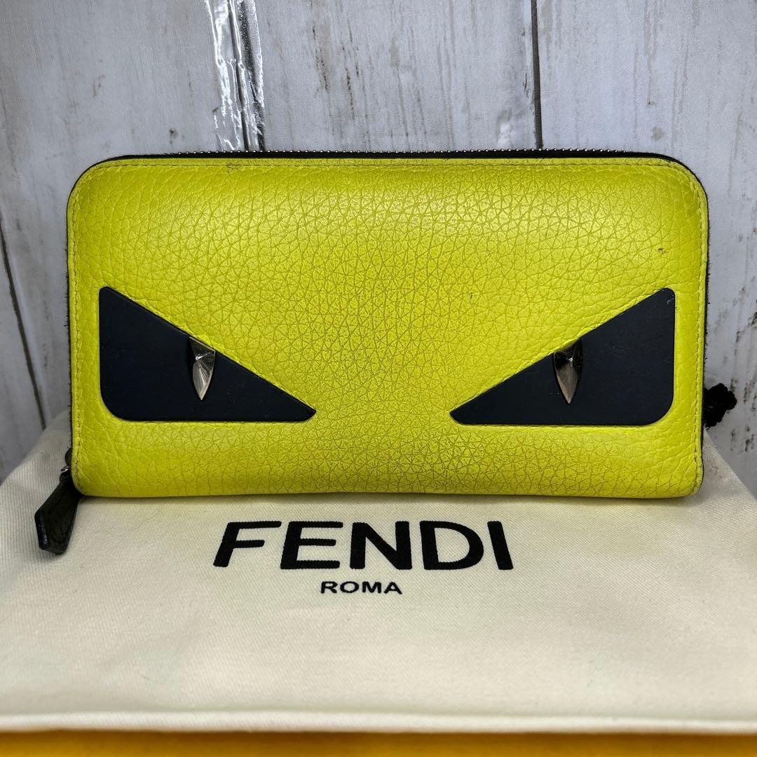 FENDI モンスター バグズ　ラウンドファスナー 長財布 財布　レザー　黄色