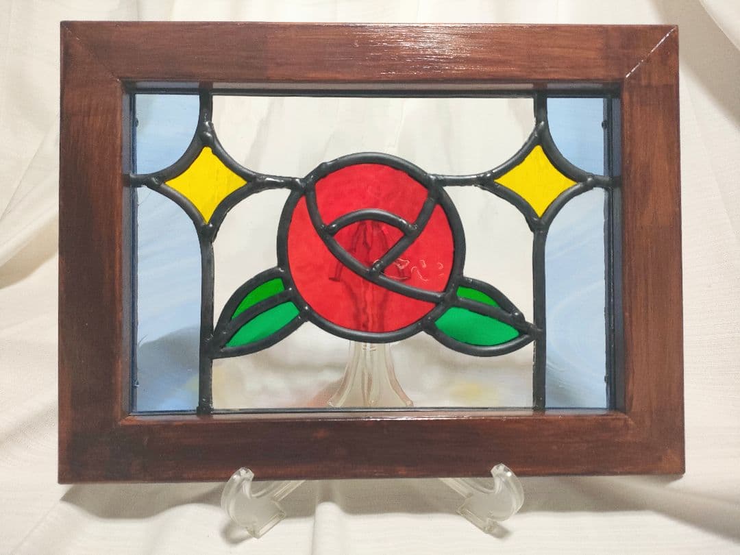 新品ステンドグラス 赤バラパネル ハンドメイド