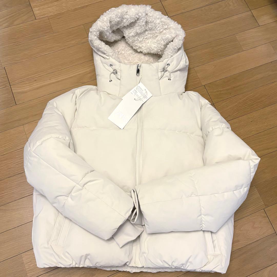 【ZARA】ザラ L フェイクシープスキンフード付き撥水ウィンドブレーカー 白