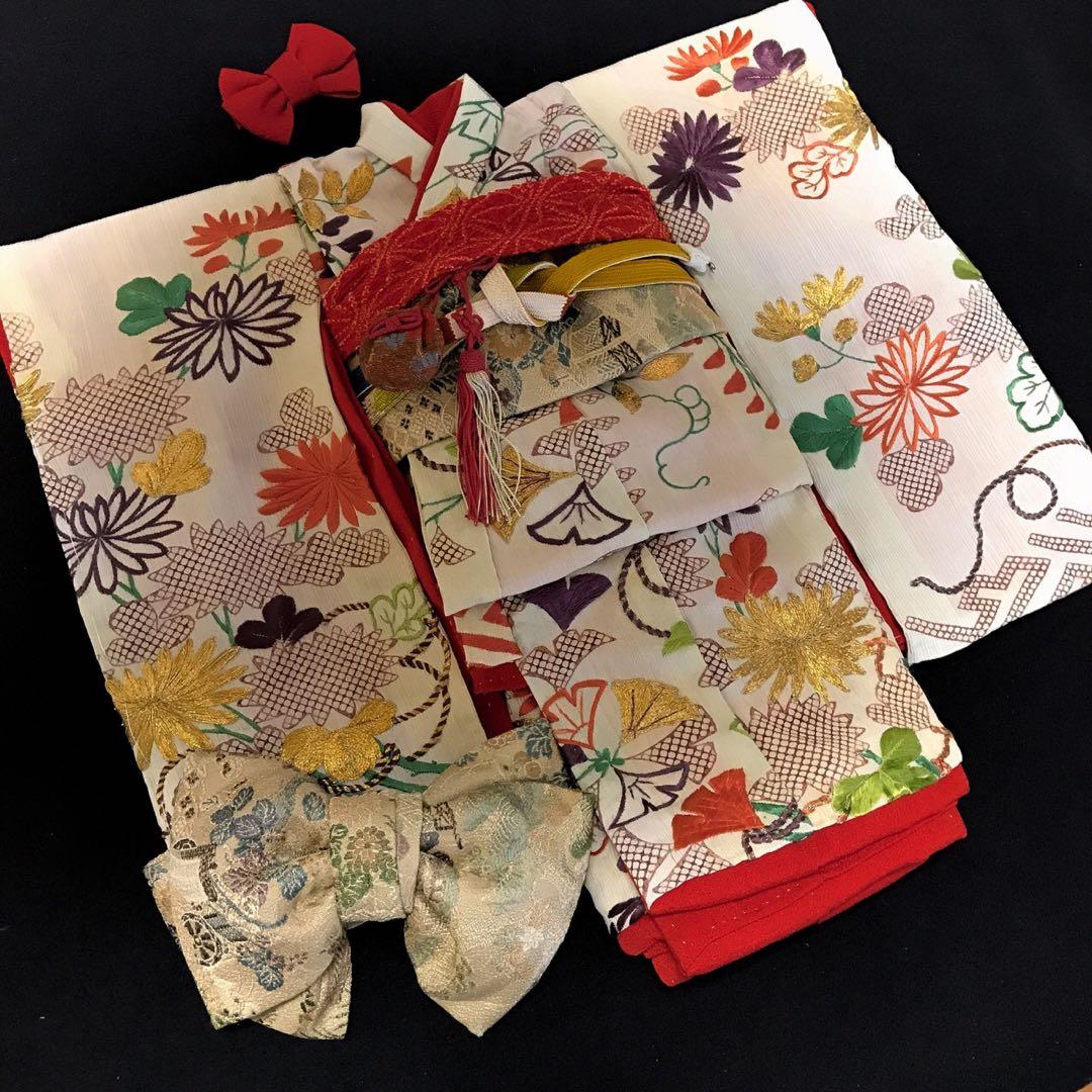 ＊ 市松人形 12号 刺繍裂 着物 下着 帯 セット ＊ アンティーク 古裂