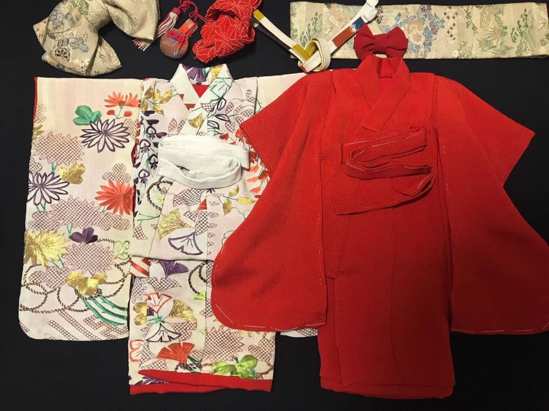 ＊ 市松人形 12号 刺繍裂 着物 下着 帯 セット ＊ アンティーク 古裂