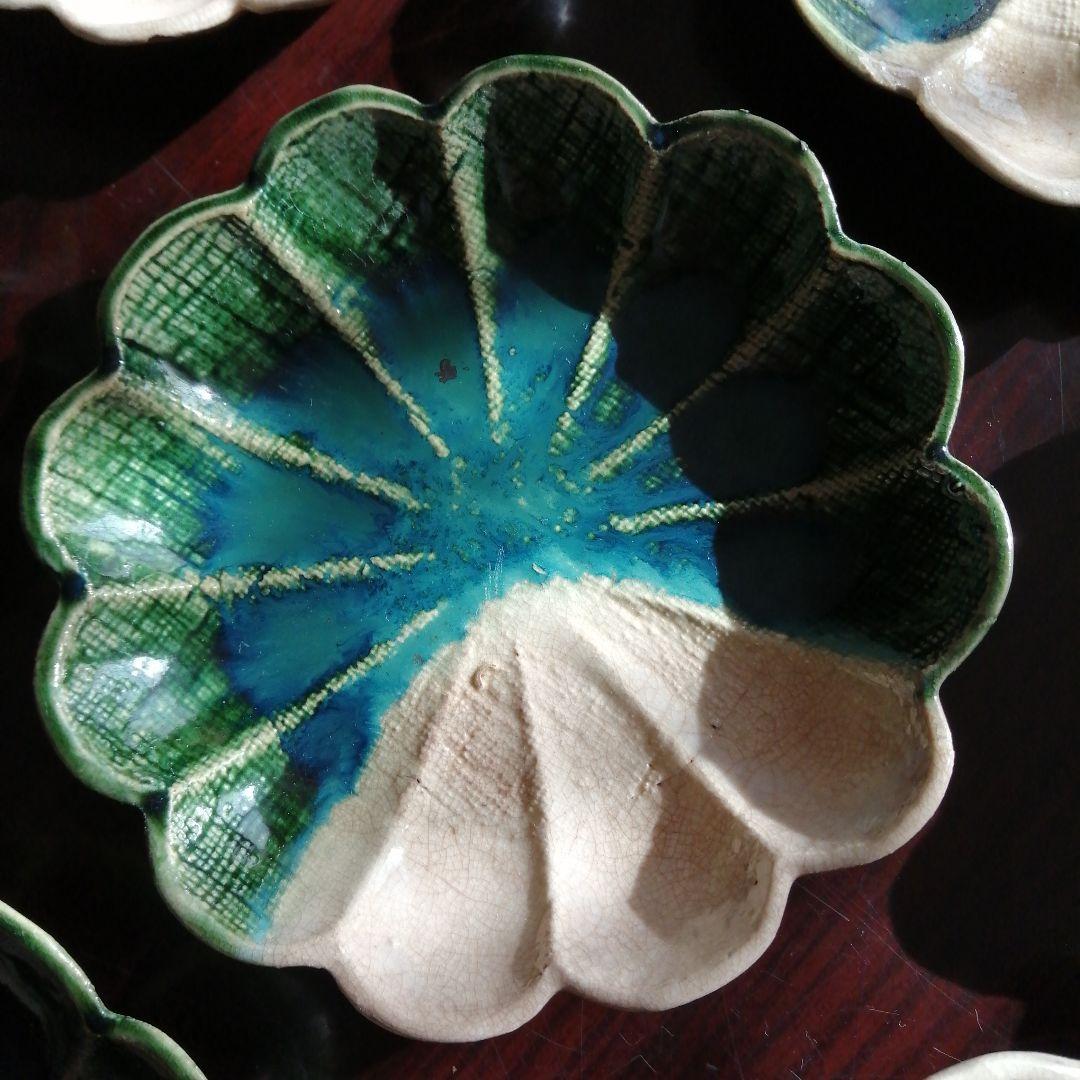 瀬戸焼　加藤作助　織部菊形皿　18枚　15.5cm　明治～昭和初期