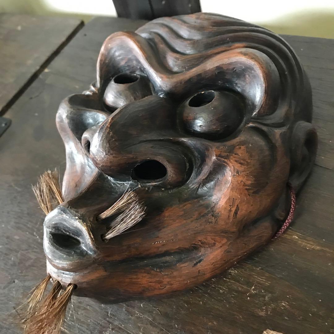 珍品　古道具　木製　うそ吹き　能面　狂言面　壁掛け　手彫り　アンティーク　横16