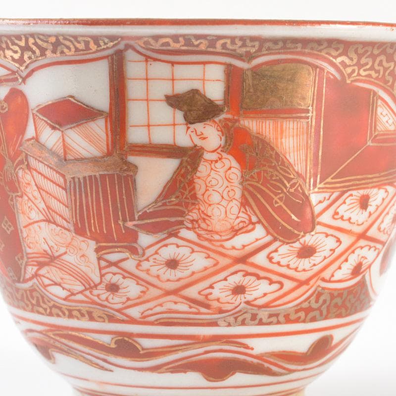 九谷焼　古九谷　九谷造　赤絵金彩　山水人物文　酒盃　ぐい呑　5客　V　R6502