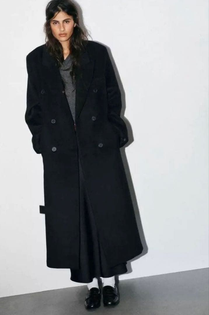 ZARA ウール混紡エクストラロングコート ブラック　ロングコート　マキシコート