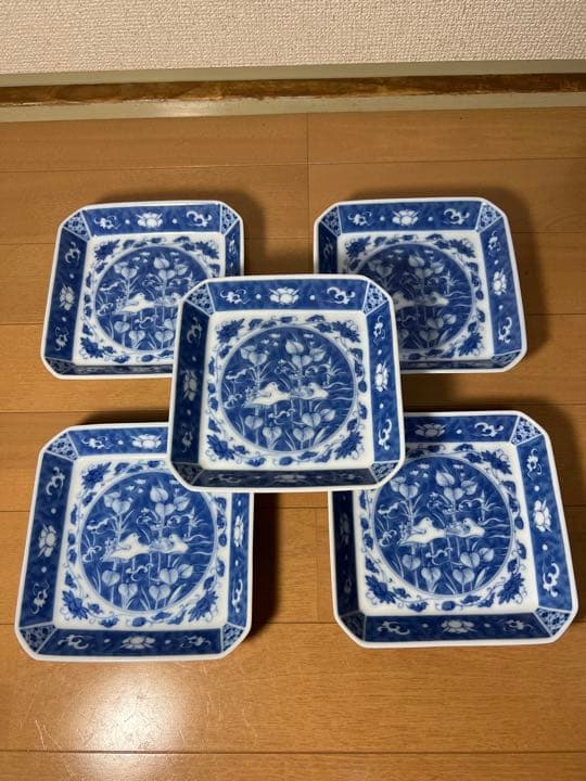 612 深川製磁　時代物　角皿セット 染付オシドリ  5客　古美術品　未使用