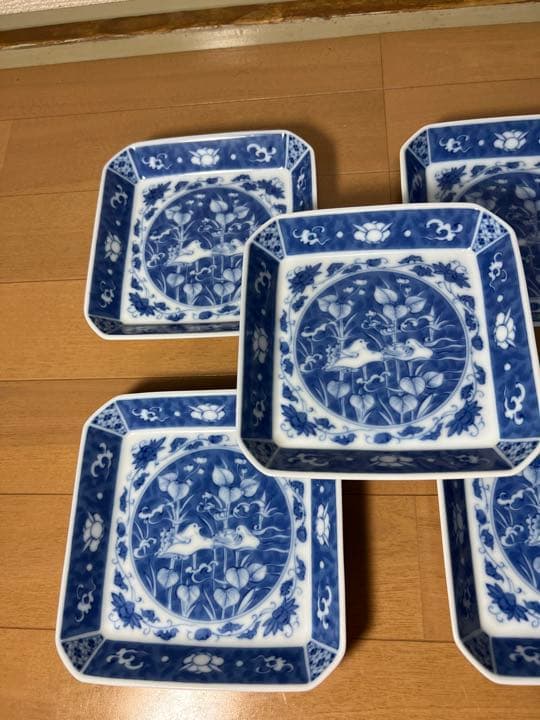 612 深川製磁　時代物　角皿セット 染付オシドリ  5客　古美術品　未使用