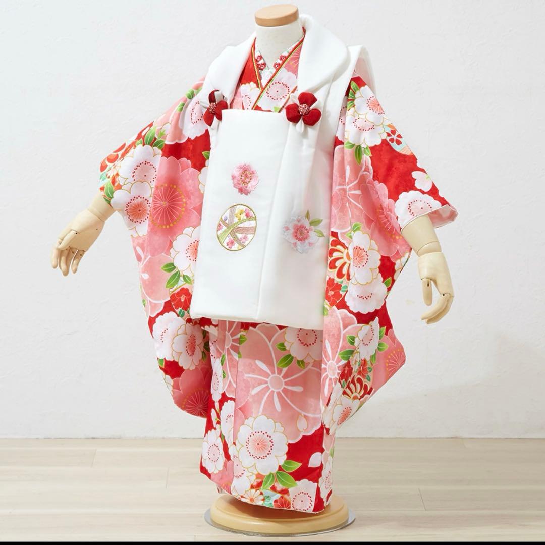 【美品】七五三 着物 3歳 女の子 被布セット 京都花ひめ ブランド 鞠　白/赤