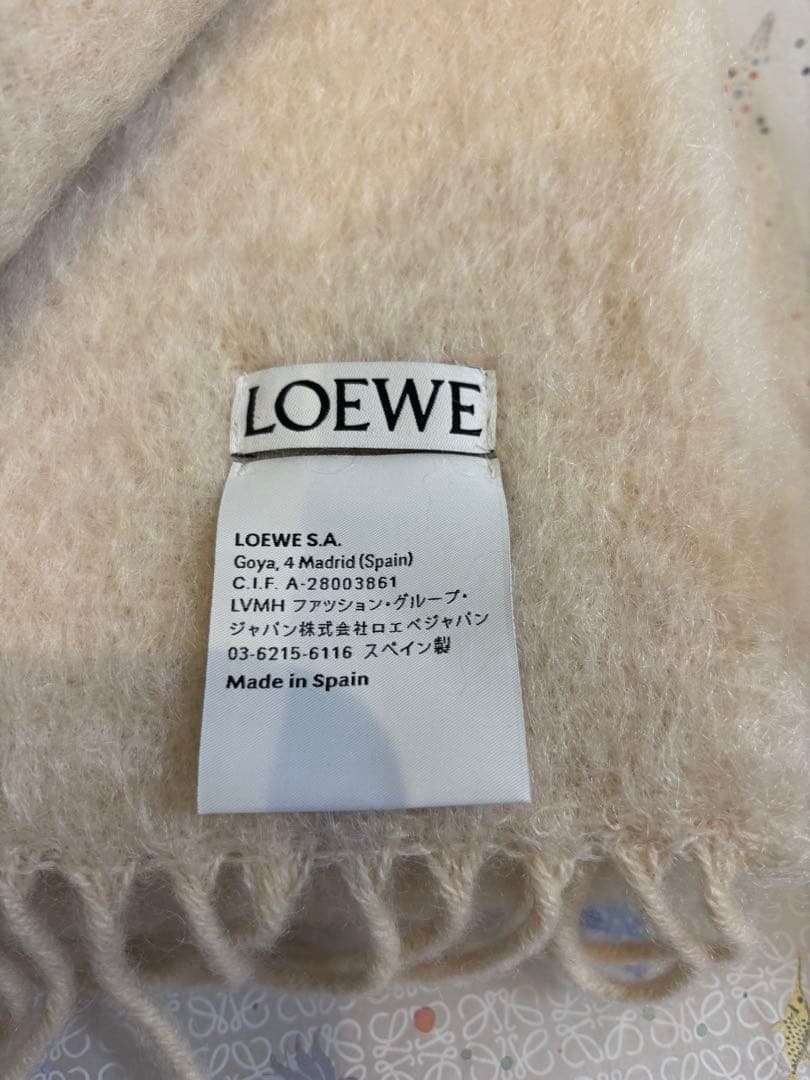 LOEWE アイボリー ウール マフラー フリンジ付き