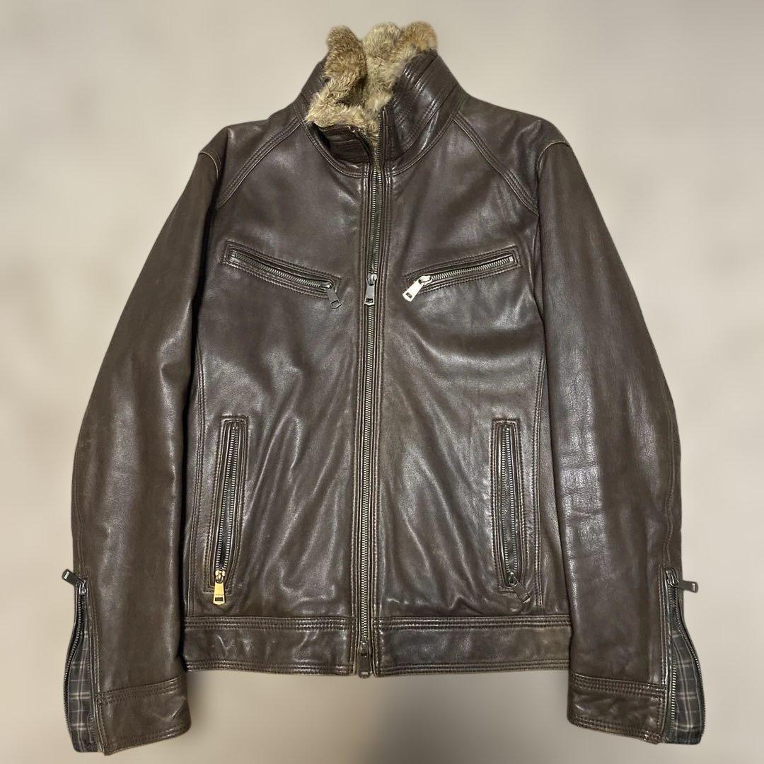 バーバリー ブラックレーベル レザージャケット ファー付き　羊革 ブラウン L