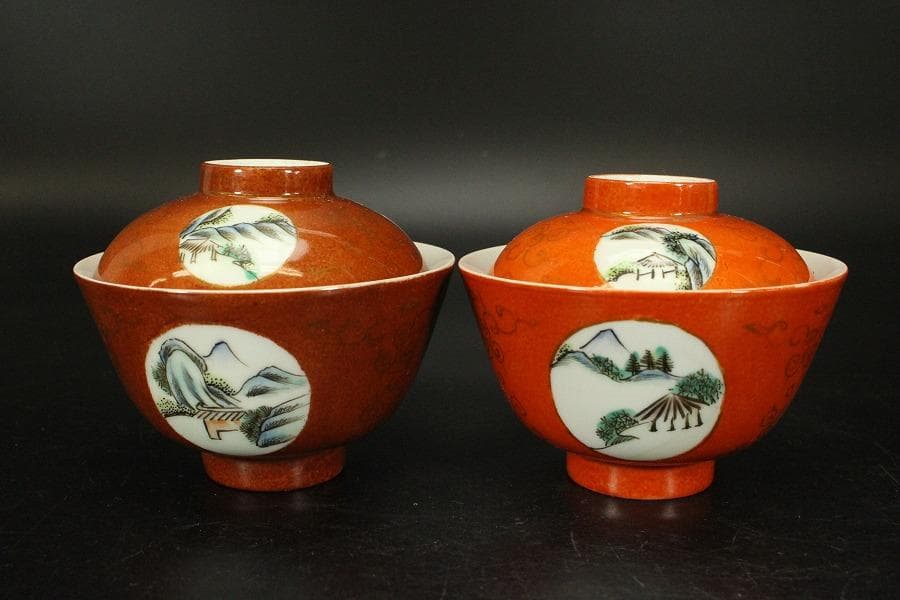 中国美術 図変 色絵 蓋茶碗 二十客(ZE691)