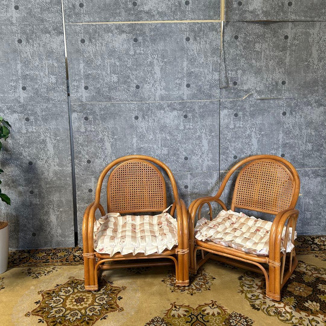 ꧁籐家具꧂クッション付ラタン座椅子 昭和レトロ メッシュバック いす イス 椅子