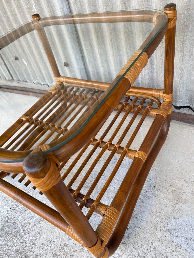 ラタン　センターテーブル　ガラステーブル　机　サイドテーブル　レトロ　藤