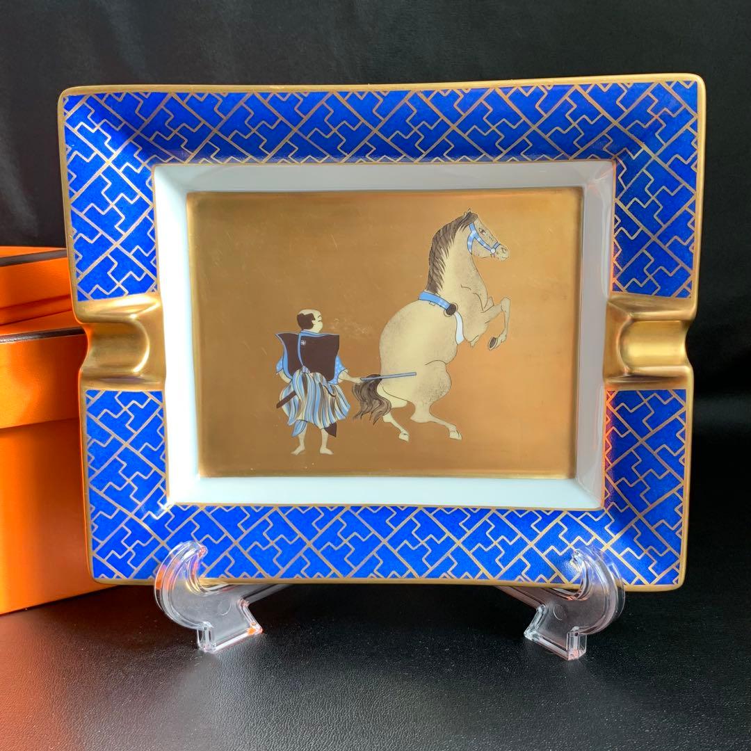 エルメスHERMES灰皿3H手描き 飾り皿 和柄 武士 馬 金彩 陶器小物入れ