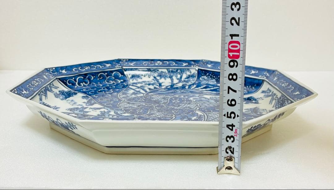 平戸三川内焼 平戸松山窯 祥瑞手 染付捻り吉祥文様 八角大皿31cm