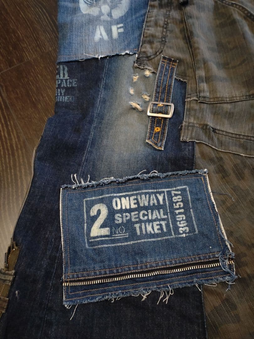 ★ ミリタリー カモフラ柄 デニム MIX 英字抜染 リメイク ロングスカート★