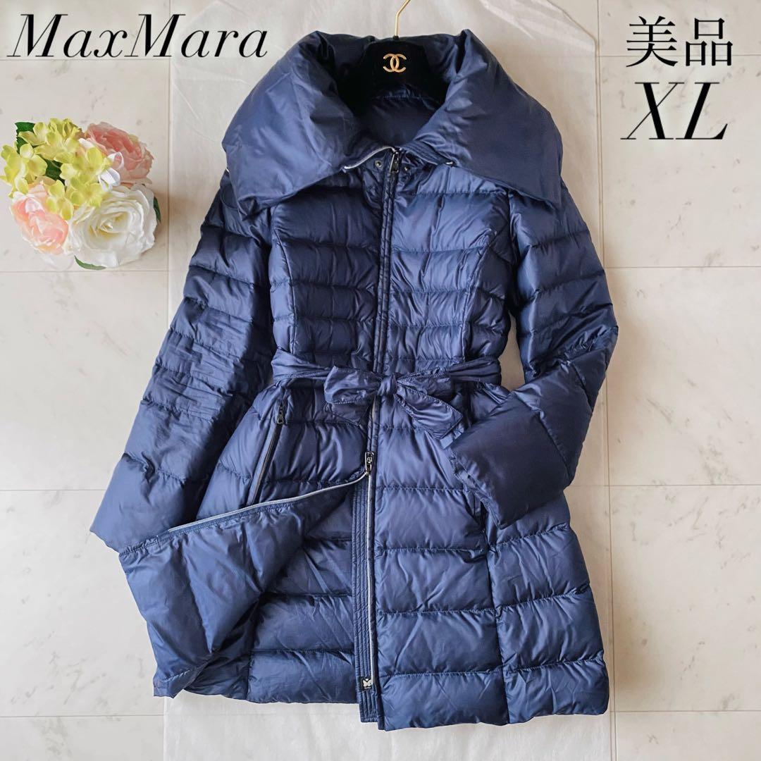美品◆MaxMaraロングダウンコート 女優襟 リボンベルト ネイビー L-XL