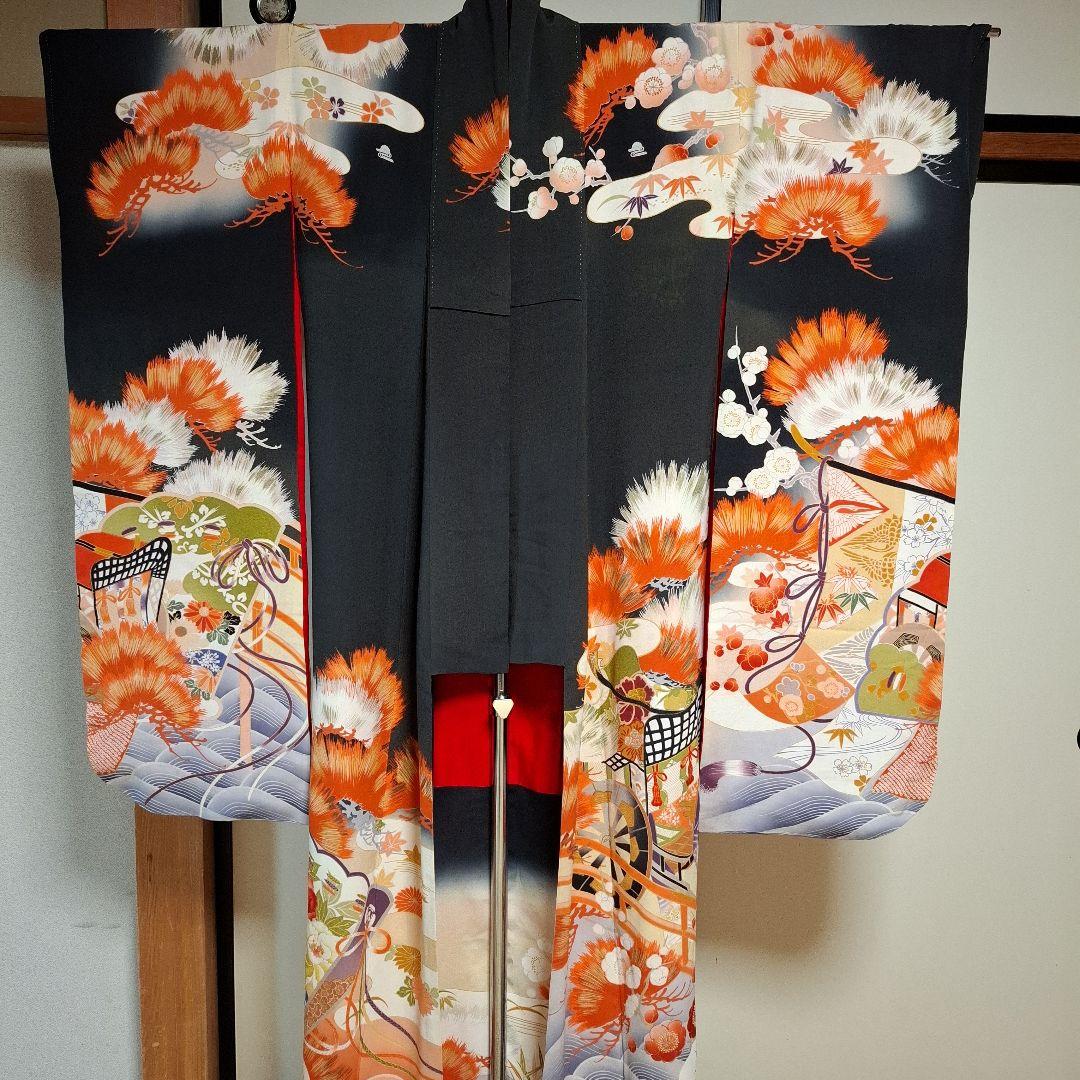 振袖 黒とオレンジ 松と花模様 帯付き