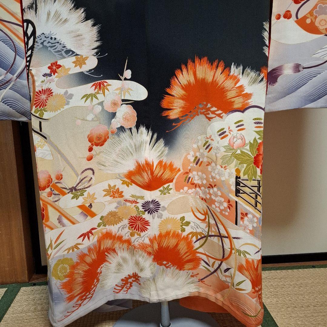 振袖 黒とオレンジ 松と花模様 帯付き