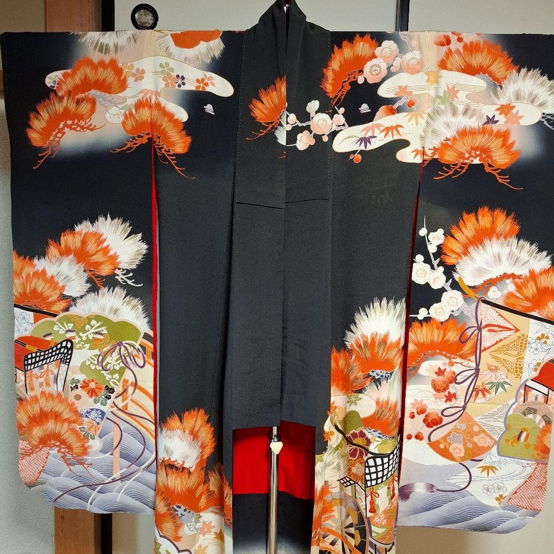 振袖 黒とオレンジ 松と花模様 帯付き