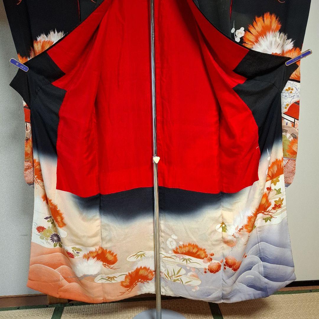 振袖 黒とオレンジ 松と花模様 帯付き