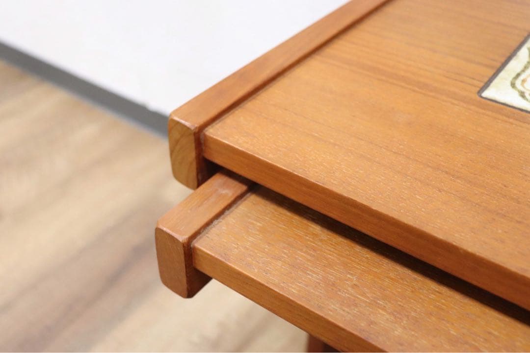 GMGH118○北欧ヴィンテージ ネストテーブル サイドテーブル チーク材 花