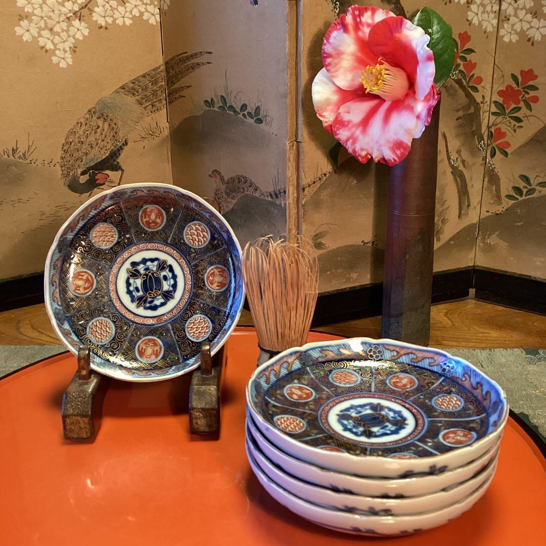 A1031 大聖寺伊万里　見込牡丹　丸紋に鳳凰　青海波　　小皿５枚