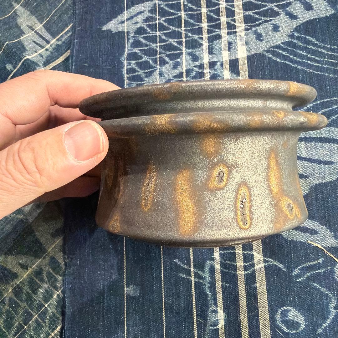 細川政己　植木鉢　豹紋　ブラウン　浅鉢　中古