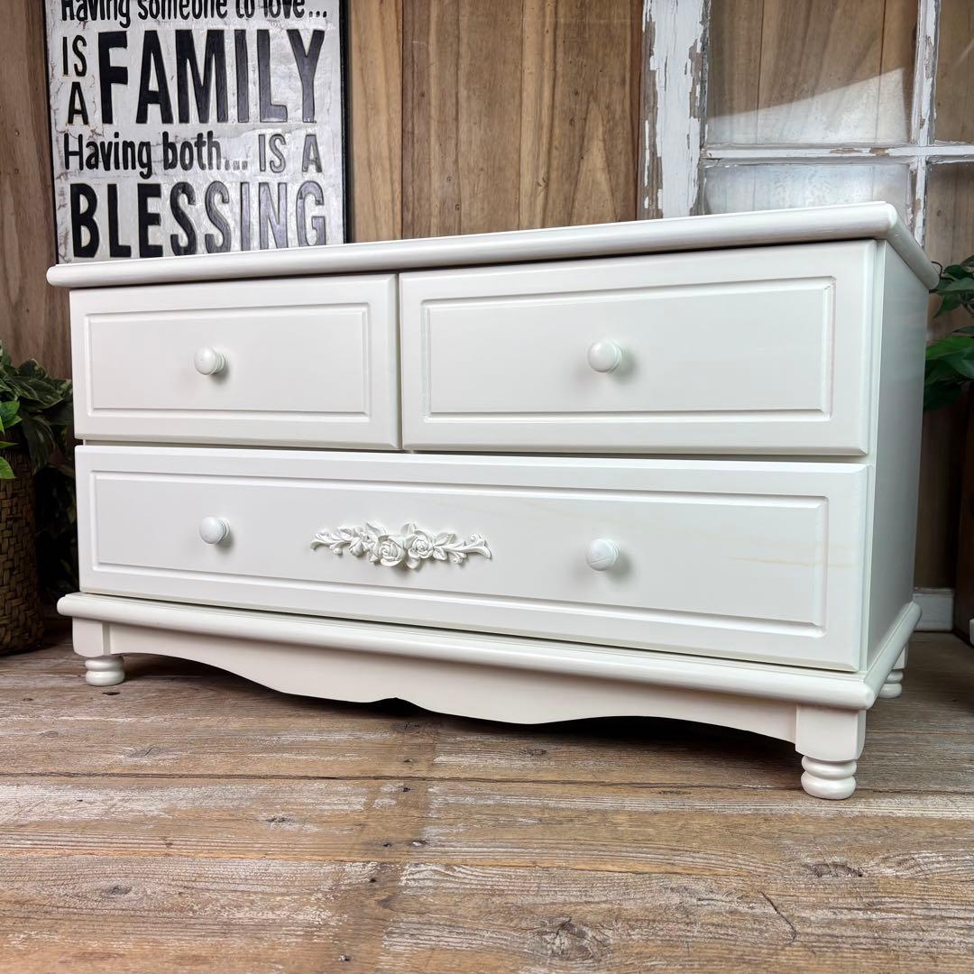 フレンチ調ホワイトチェスト横長木製収納家具姫系洋タンス飾り棚姫かわテレビ台TV台