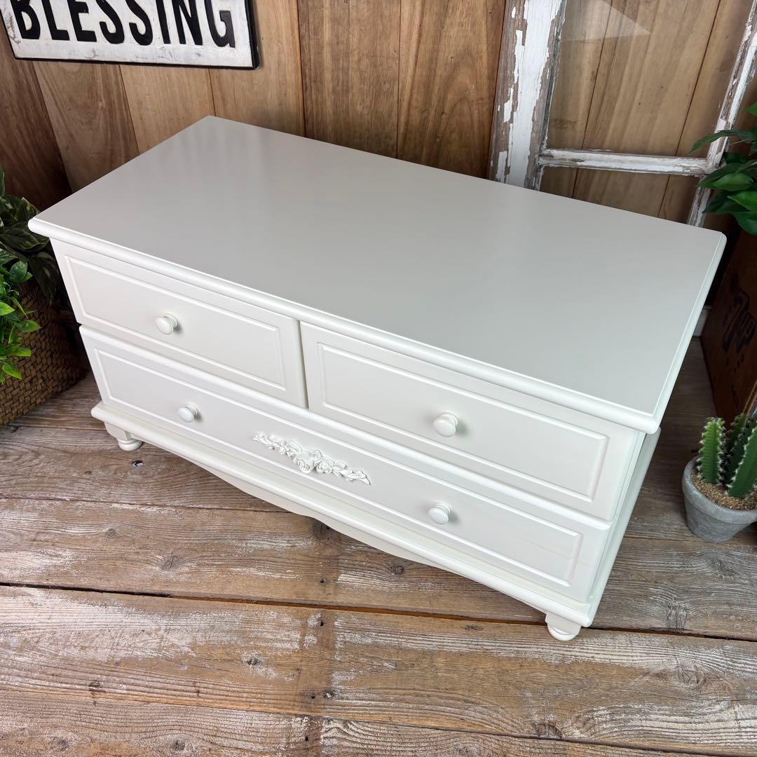 フレンチ調ホワイトチェスト横長木製収納家具姫系洋タンス飾り棚姫かわテレビ台TV台